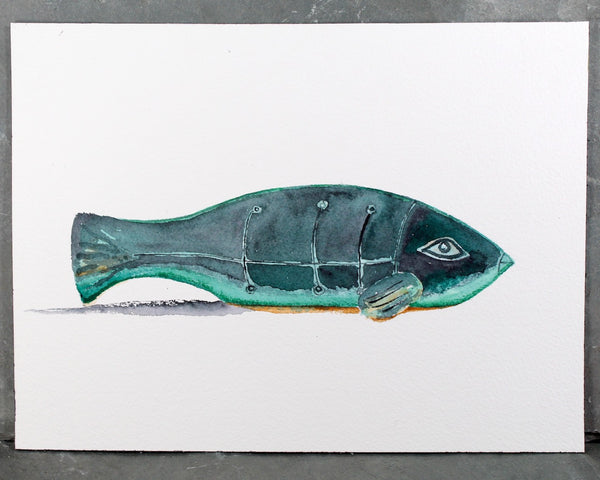 Watercolor Fish Original Art - Set of 2 Original Julia Blackbourn Watercolors - Emerald Fish - Unsigned Original Watercolors, UNFRAMED