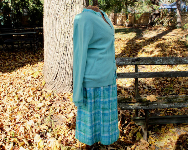 RARE Lee Collins Matching Tweed Skirt & Cashmere Sweater - Teal Cashmere Cardigan, Pencil Skirt Wrap Look -Approx Size 8-10