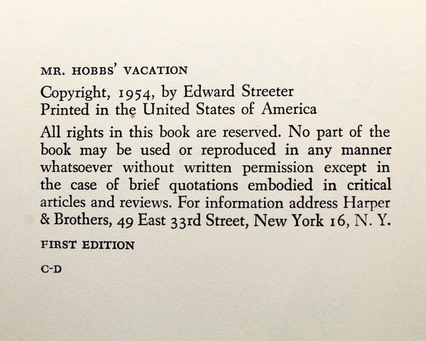 Mr. Hobbs' Vacation by Edward Streeter - 1954 FIRST EDITION Comic Novel - Basis for Jimmy Stewart's Mr. Hobbs Takes a Vacation Movie