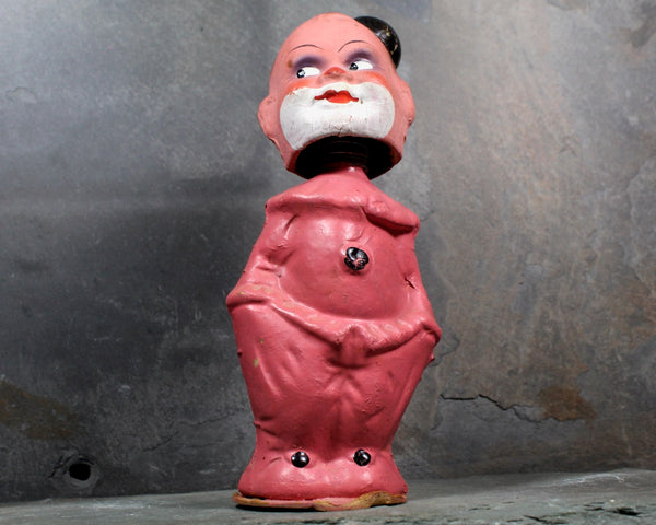 RARE! Papier Mache Wind Up Bobble Head | 1940s | Made in US Zone Germany | Antique German Bobble Head Pink Clown