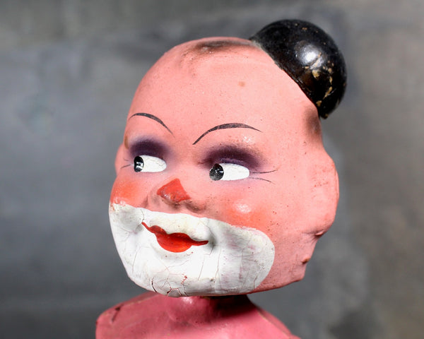RARE! Papier Mache Wind Up Bobble Head | 1940s | Made in US Zone Germany | Antique German Bobble Head Pink Clown
