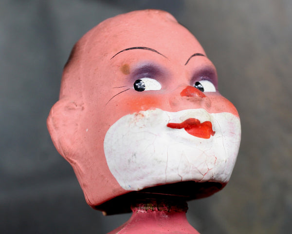 RARE! Papier Mache Wind Up Bobble Head | 1940s | Made in US Zone Germany | Antique German Bobble Head Pink Clown