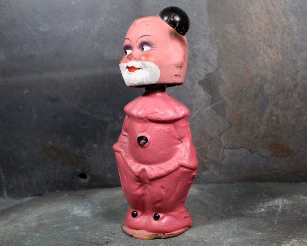 RARE! Papier Mache Wind Up Bobble Head | 1940s | Made in US Zone Germany | Antique German Bobble Head Pink Clown