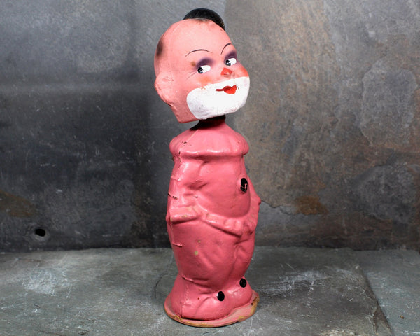 RARE! Papier Mache Wind Up Bobble Head | 1940s | Made in US Zone Germany | Antique German Bobble Head Pink Clown