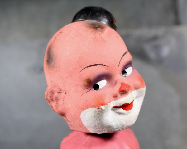 RARE! Papier Mache Wind Up Bobble Head | 1940s | Made in US Zone Germany | Antique German Bobble Head Pink Clown