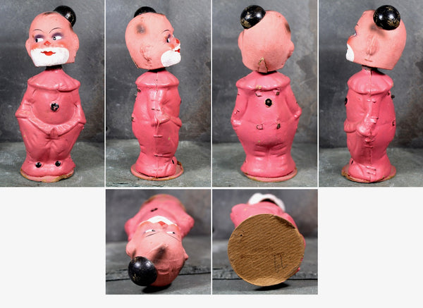 RARE! Papier Mache Wind Up Bobble Head | 1940s | Made in US Zone Germany | Antique German Bobble Head Pink Clown