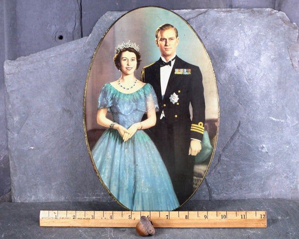 1953 Queen Elizabeth Coronation Commemorative Tin | Vintage Royal Souvenir | Queen Elizabeth and Prince Phillip Oval Tin