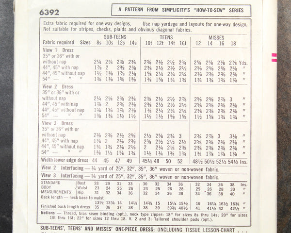 1966 Simplicity #6392 Dress Pattern | Size 14/Bust 34" | COMPLETE Cut Pattern in Original Envelope