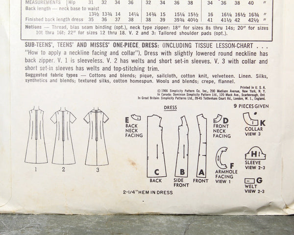 1966 Simplicity #6392 Dress Pattern | Size 14/Bust 34" | COMPLETE Cut Pattern in Original Envelope