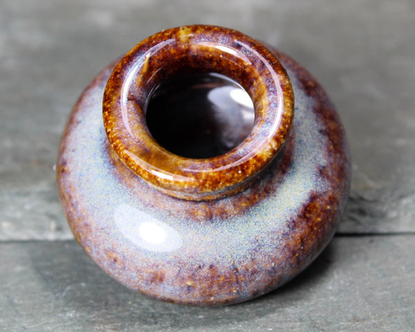 Mini Stoneware Vase - Hand Glazed Brown and Pale Blue Glaze - Rough Base - Folk Art Stoneware