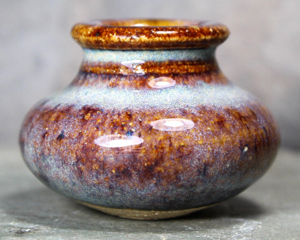 Mini Stoneware Vase - Hand Glazed Brown and Pale Blue Glaze - Rough Base - Folk Art Stoneware