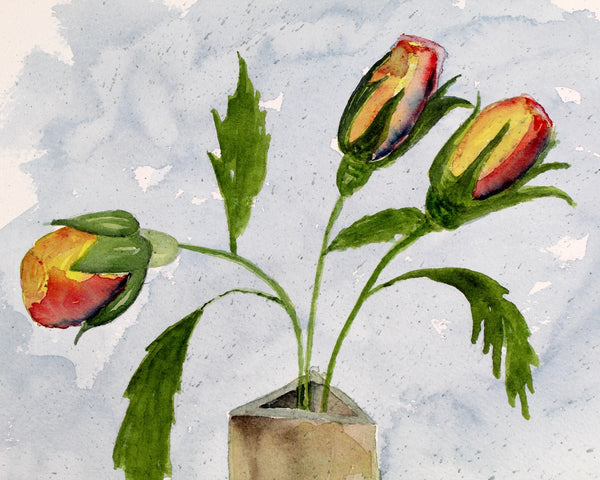 Original Watercolor by Julia Blackbourn -  Unsigned Original Watercolor with Paintings On Both Sides: "Tulips" and "People" - UNFRAMED