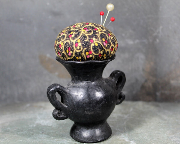 Vintage Miniature Upcycled Vase Pin Cushion | Black Clay Vases Turned Pin Cushion | Handmade