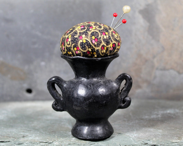 Vintage Miniature Upcycled Vase Pin Cushion | Black Clay Vases Turned Pin Cushion | Handmade