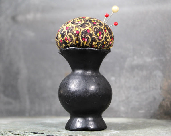 Vintage Miniature Upcycled Vase Pin Cushion | Black Clay Vases Turned Pin Cushion | Handmade