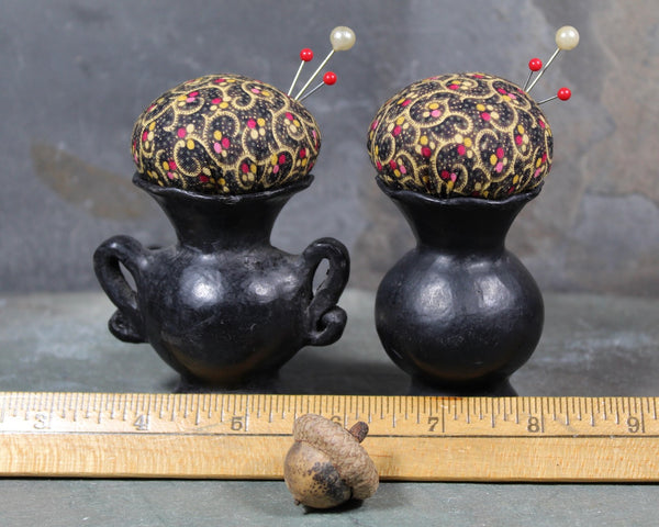 Vintage Miniature Upcycled Vase Pin Cushion | Black Clay Vases Turned Pin Cushion | Handmade