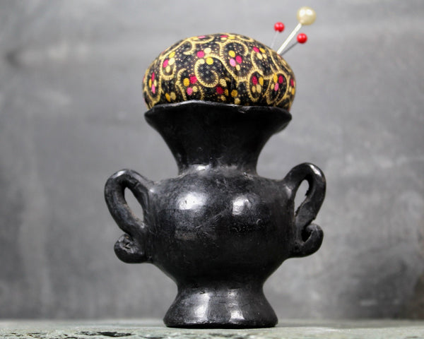 Vintage Miniature Upcycled Vase Pin Cushion | Black Clay Vases Turned Pin Cushion | Handmade