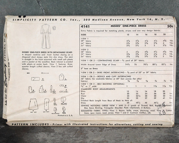 1952 Simplicity #4141 Dress Pattern | Size 14/Bust 32" | COMPLETE Cut Pattern in Original Envelope