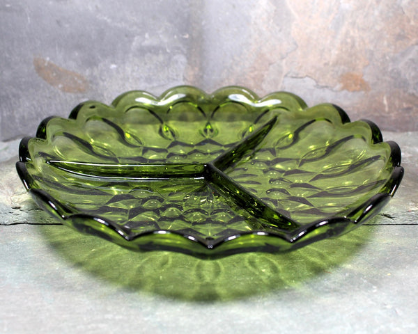 Anchor Hocking Fairfield Avocado Divided Glass Dish - Mid-Century Glass