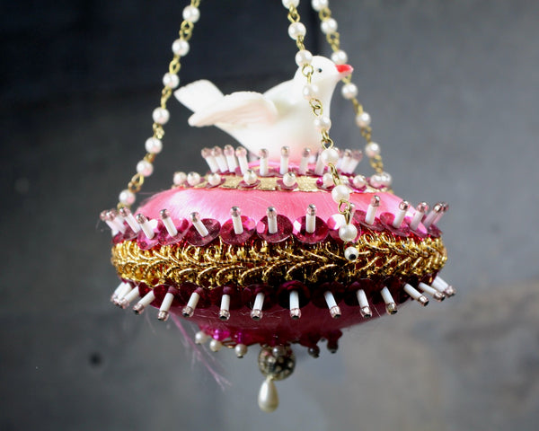 RARE! Vintage Beaded Dove Ornament - Mid-Century Christmas, circa 1960s - Gorgeous Pink Beaded Ornament - Christmas Dove
