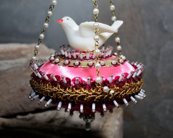 RARE! Vintage Beaded Dove Ornament - Mid-Century Christmas, circa 1960s - Gorgeous Pink Beaded Ornament - Christmas Dove