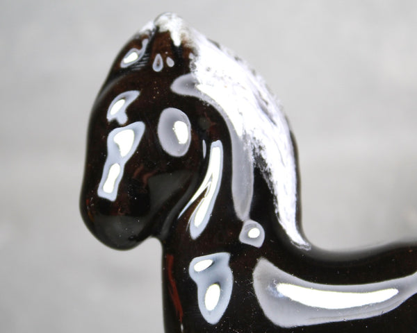 Vintage Black Ceramic Horse Figurine | Mid-Century Modern Horse Figurine | Black Horse | Black Ceramic with White Drip Mane