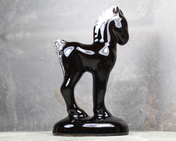 Vintage Black Ceramic Horse Figurine | Mid-Century Modern Horse Figurine | Black Horse | Black Ceramic with White Drip Mane