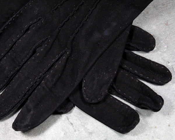 Vintage Black Hand Stitched Suede Gloves - Driving Gloves - Black Leather Slim Fit Gloves - Small Size