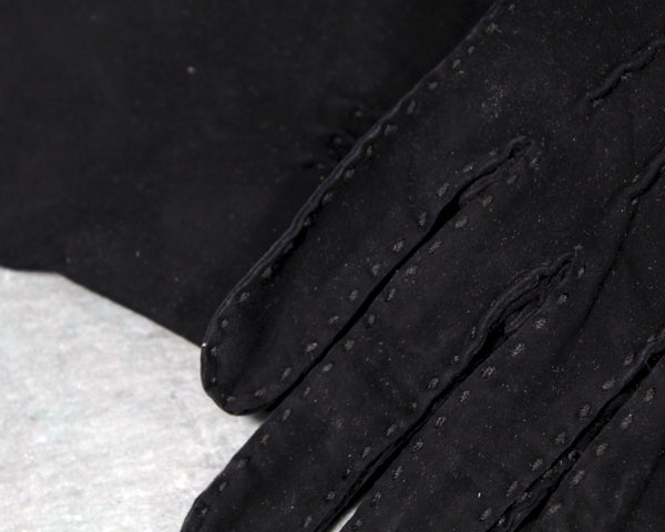 Vintage Black Hand Stitched Suede Gloves - Driving Gloves - Black Leather Slim Fit Gloves - Small Size