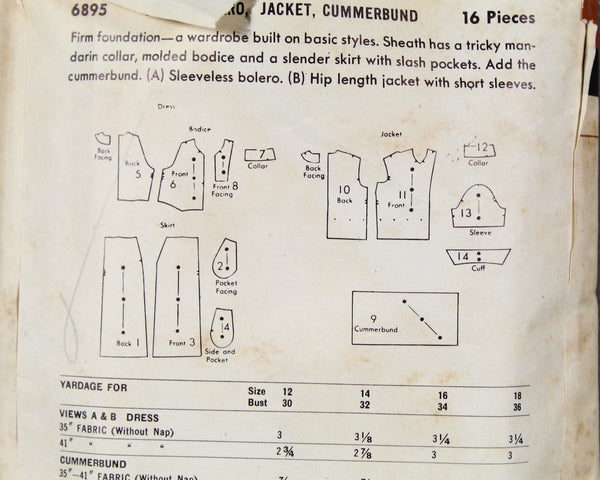 1950s Butterick #6895 Dress Pattern | Size 14/Bust 32" | COMPLETE Cut Pattern in Original Envelope