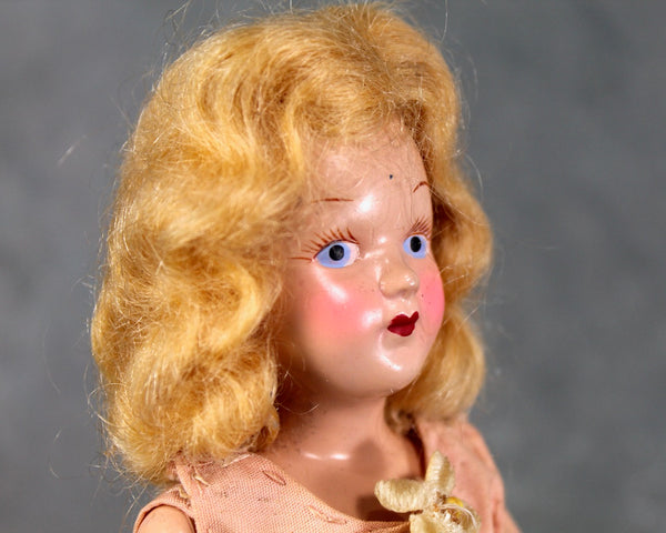 Vintage Composition 7" Doll | Hand Sewn Peach Gown | Blonde Hair Blue Eyes Fashion Doll