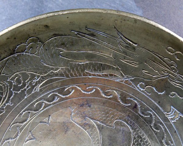 Vintage Chinese Brass Dragon Motif Bowl - Etched Dragon Design - Shallow Brass Bowl - Trinket Dish