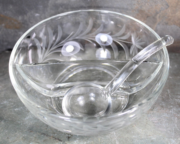 Etched Glass Condiment Bowl with Glass Spoon | Divided Serving Dish | Holiday Table