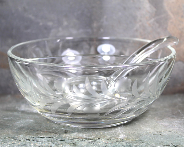 Etched Glass Condiment Bowl with Glass Spoon | Divided Serving Dish | Holiday Table