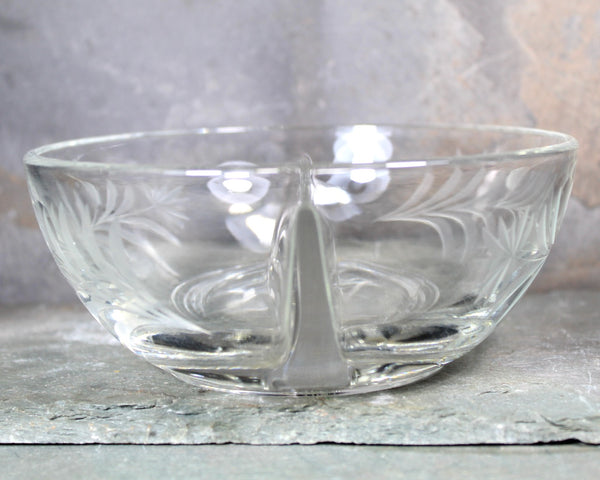 Etched Glass Condiment Bowl with Glass Spoon | Divided Serving Dish | Holiday Table