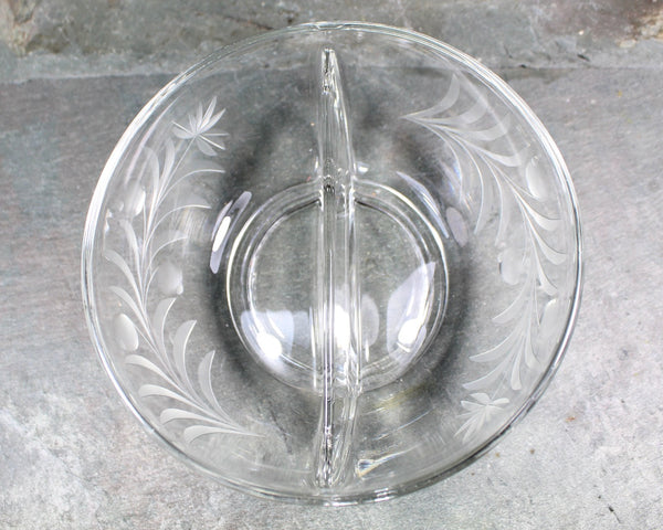 Etched Glass Condiment Bowl with Glass Spoon | Divided Serving Dish | Holiday Table