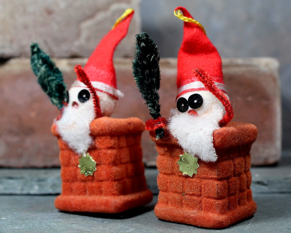 Santa in Chimney Ornaments | Circa 1960s | Vintage Christmas Ornaments | Flocked Ornaments | Made in Hong Kong