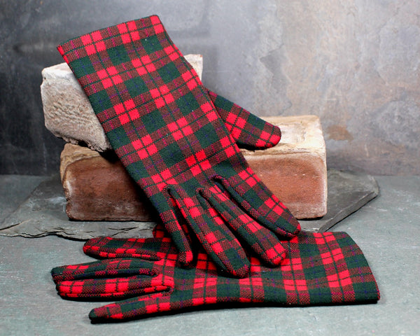 Vintage Plaid Stretch Gloves by Jordan Marsh - Made in Great Britain - One Size Gloves - Red & Green Plaid