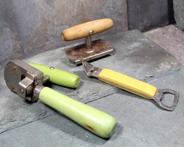 Antique Kitchen Tools - Set of 3 - Edlund Junior Can Opener & top-Off Can Opener Wooden Handle, Foley Opener with Plastic Handle