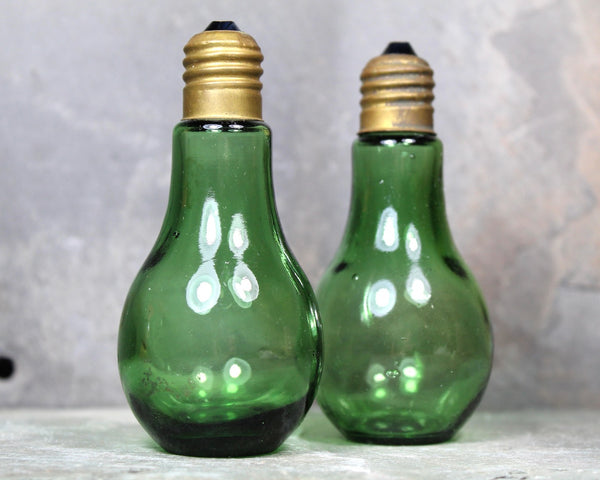 Vintage Lightbulb Salt & Pepper Shakers | Green Glass Lightbulb Salt and Pepper Shakers | Circa 1940s/1950s