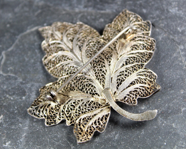 Vintage Filagree Leaf Brooch | Silver Metal Leaf Pin | Delicate Autumnal Pin