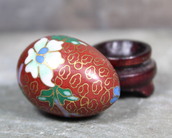 Vintage Cloisonné Mini Egg on Wooden Stand | Asian Art Egg | Floral Cloisonné