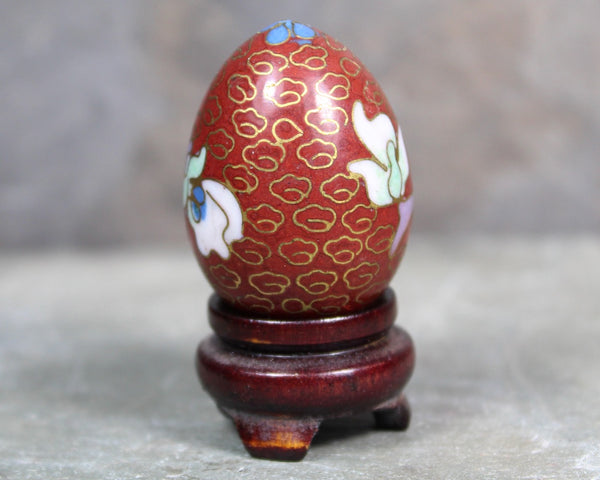 Vintage Cloisonné Mini Egg on Wooden Stand | Asian Art Egg | Floral Cloisonné