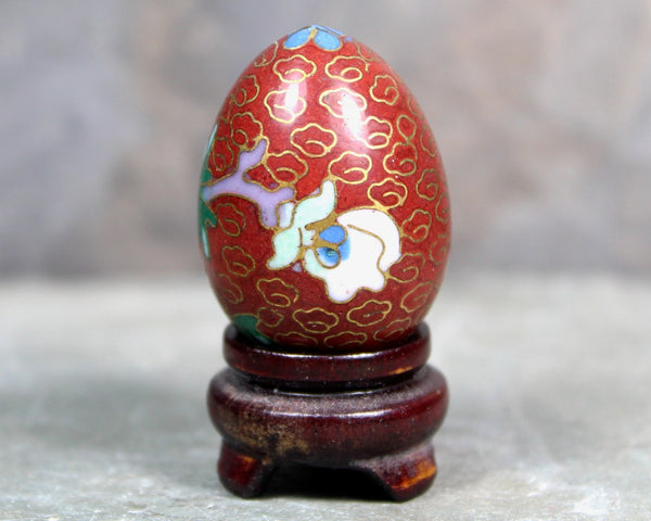 Vintage Cloisonné Mini Egg on Wooden Stand | Asian Art Egg | Floral Cloisonné