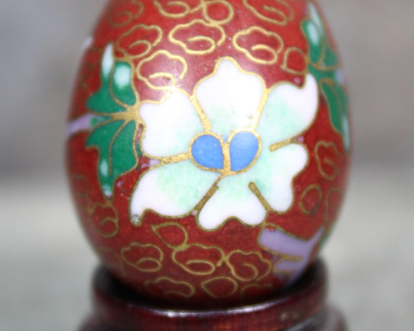 Vintage Cloisonné Mini Egg on Wooden Stand | Asian Art Egg | Floral Cloisonné