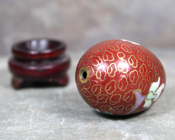 Vintage Cloisonné Mini Egg on Wooden Stand | Asian Art Egg | Floral Cloisonné