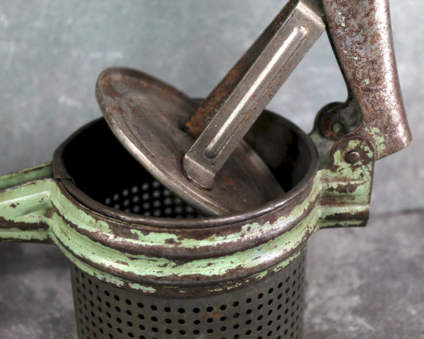 Antique Potato Ricer - Vintage Industrial Decor - Vintage Kitchen - Metal Potato Ricer - Green Paint