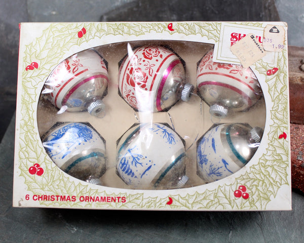 Shiny Brite Glass Ornaments - Set of 6 Matching 2.5" Christmas Ornaments - Vintage Blue Horse Drawn Carriage and Red Roses