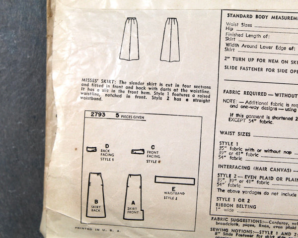 1949 Simplicity #2793 Skirt Pattern | Waist 26"/Hip 35" | COMPLETE Cut Pattern in Original Envelope