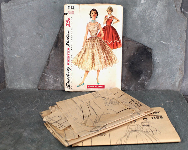 1953 Simplicity #1158 Dress Pattern | Size 16/Bust 34" | COMPLETE Cut Pattern in Original Envelope